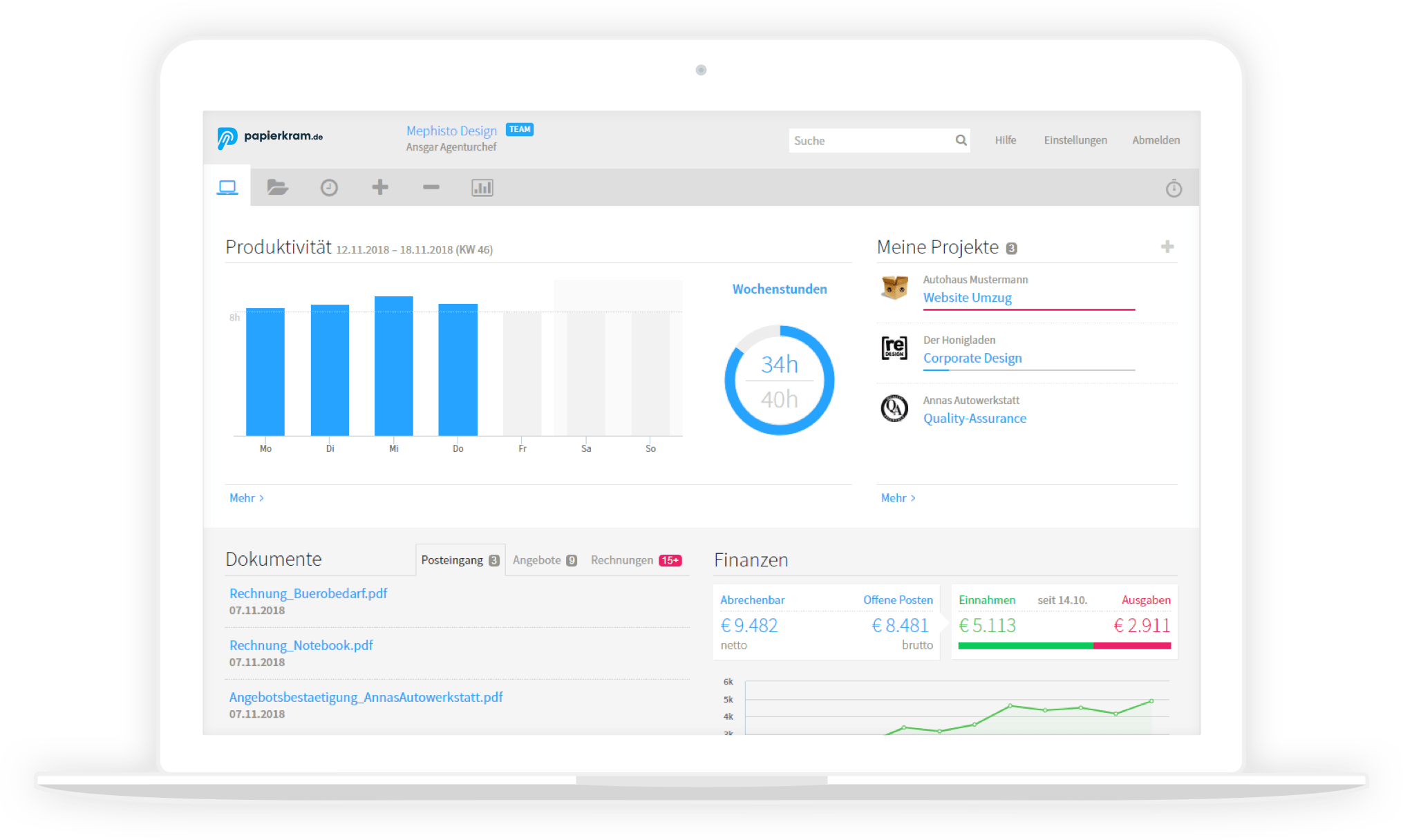 Papierkram Dashboard auf einem Notebook